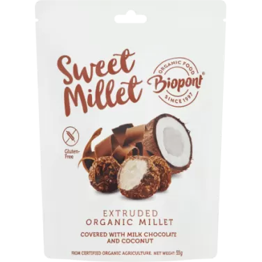 Bio sweet millet tejcsokoládés kókuszos extrudált köles, gluténmentes 55 g